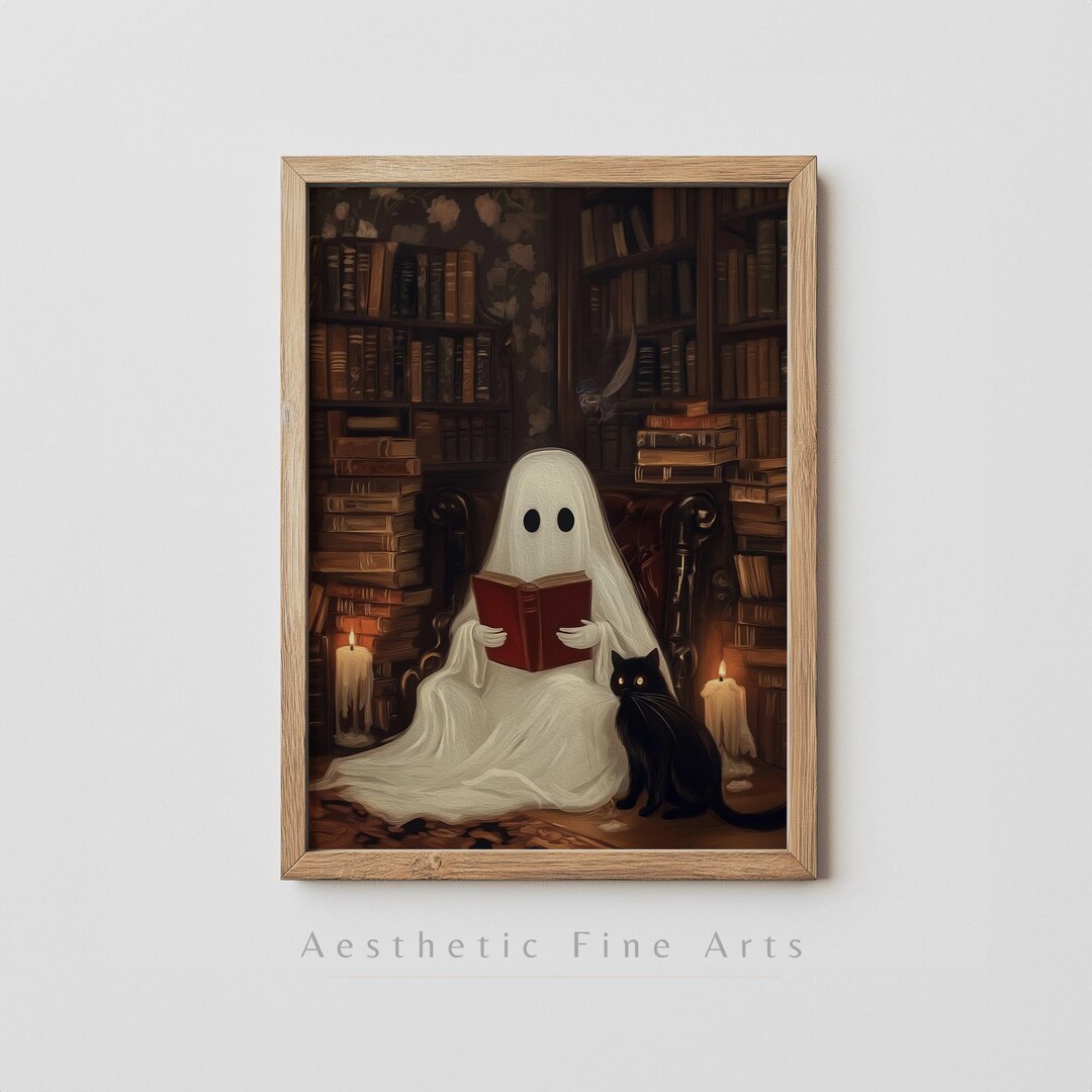 Ghost in the Library Printable Halloween Art, Vintage Ghost Painting ...