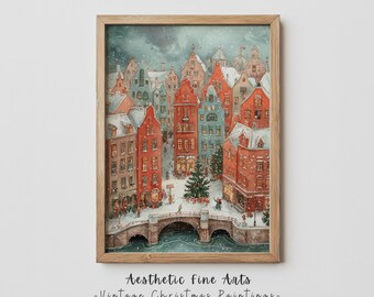 Christmas Town Painting: Snowy Winter Village Art (Digital Download)