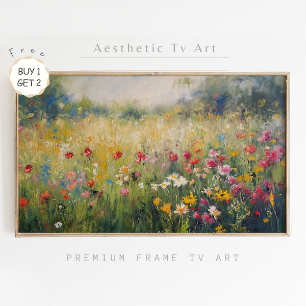 Summer Wildflowers Landscape TV Frame Art, Vintage Country Meadow Oil Painting for TV, Summer Cottagecore Wall Art, Digital Download