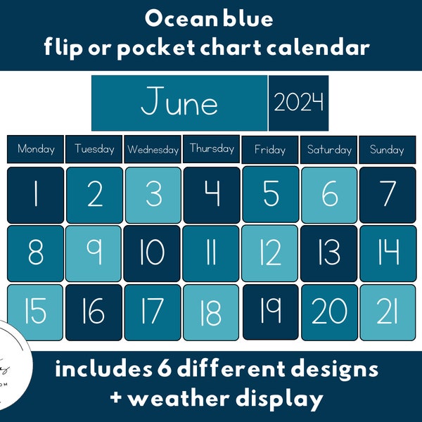 Ocean blue Calendar - Flip Calendar or Pocket Chart Calendar