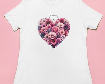 Floral Heart T-shirt Tee - Chic Pink Love Watercolor Rose T-Shirt, Casual Feminine Style, Perfect Gift Valentine's Women Girlfriend Friend