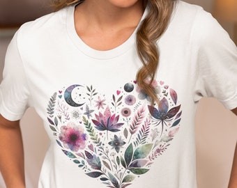 Enchanted Garden Moon T-Shirt - Heart Bella Canvas Women's Relaxed Fit Tee with Celestial Floral Design Gift for Girl Women Wife Girlfriend
