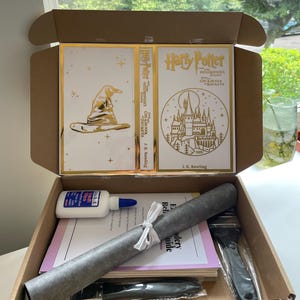 Pu&ograve; includere: Una scatola di cartone aperta piena di forniture per un progetto di ricamo a tema Harry Potter. La scatola contiene due copertine di libri in foglia d'oro, un rotolo di tessuto, una guida, una bottiglia di colla e due aghi da ricamo neri.