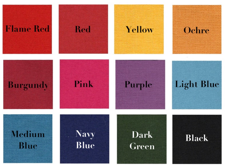 Op de afbeelding: Een kleurenkaart met 12 stofstalen in verschillende kleuren, waaronder vlamrood, rood, geel, oker, bordeauxrood, roze, paars, lichtblauw, middelblauw, donkerblauw, donkergroen en zwart.