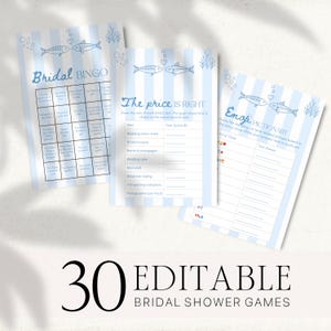 Può includere: Tre fogli di giochi per addio al nubilato a righe blu e bianche con illustrazioni di pesci. I giochi includono Bridal Bingo, The Price is Right ed Emoji Pictionary. Il testo "30 Editable Bridal Shower Games" è in basso.
