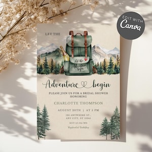 Invitation à une fête prénuptiale « Que l'aventure commence », modèle d'invitation modifiable pour une fête prénuptiale « Aventure vous attend en montagne », invitation imprimable BP3