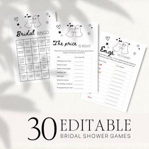 May include: Three printable bridal shower games: Bingo, "The Price is Right", and Emoji Pictionary. Each game sheet features a cartoon bride and groom ghost illustration, hearts, and stars. The text "30 EDITABLE BRIDAL SHOWER GAMES" is at the bottom.