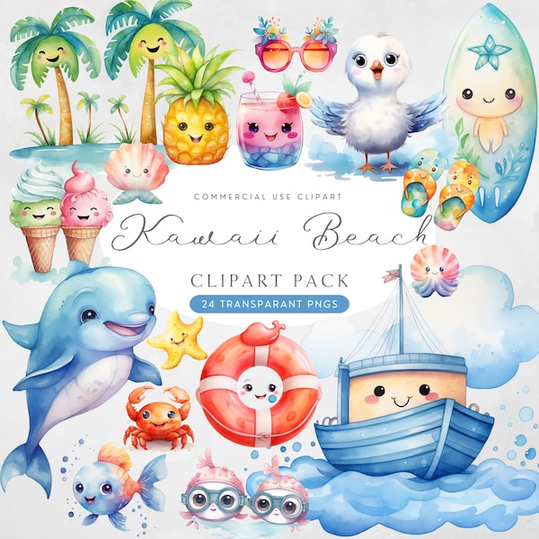 Cute Kawaii Summer Beach Clipart Watercolor, Kawaii Fruits Ice Cream Sea Life Animals Summer Fun Holiday Nautical Nursery Ocean Clipart PNG