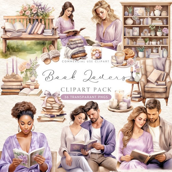 Lilac Book Lovers Couple Clipart PNG Watercolor, Cozy Bookworm Black Girl Library Reading Nook Spring Coffee Lover Clipart PNG, Armchair