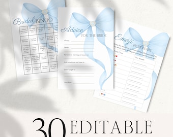 Blue Bow Bridal Shower Games Bundle, Editable She's Tying The Knot Bachelorette Games Template, Printable Blue Bow Bridal Shower Games BP72