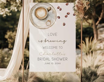 Coffee Bean Bridal Shower Welcome Sign, Editable Love Is Brewing Bridal Shower Welcome Sign Canva Template, Coffee Bridal Shower Decor BP10