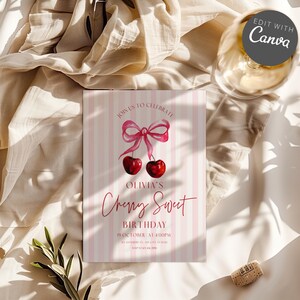 Könnte beinhalten: Eine rosa-weiß gestreifte Einladung mit Aquarellkirschen und einer Schleife. Der Text lautet "Join us to celebrate" und "Olivia's Cherry Sweet Birthday". Enthält Datum und Uhrzeit.