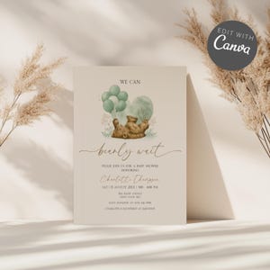 We Can Bearly Wait Baby Shower Invitation Sage Green, Editable Teddy Bear Balloons Invitation Canva Template, Boho Bear Shower Invite BP26