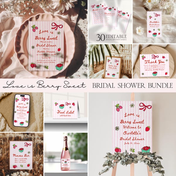 Love is Berry Sweet Bridal Shower Bundle, Fun Editable Games, Strawberry Invitations, Party Decor Essentials BP12