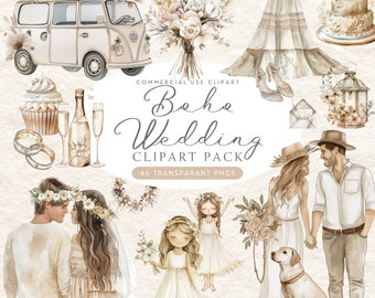 Boho Wedding Dress Clipart PNG Watercolor, Rustic Wedding Day Timeline Clipart PNG, Boho Wedding Wreath Decor Bride Bouquet Clipart PNG,