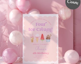Ice Cream Birthday Invitation Canva, Editable Ice Cream Kids Birthday Party Invitation Template, Girl 4th Birthday Ice Cream Invite BP39