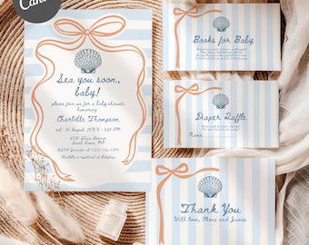 Sea You Soon Baby Shower Invite Bundle, Editable Seashell Blue Baby Shower Invitation Canva Template, Coastal Beach Baby Shower Invite BP27