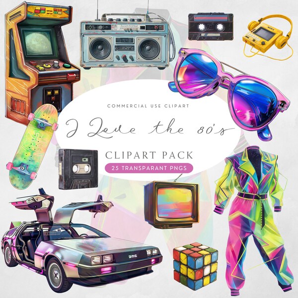 80s Retro Clipart Bundle, Vintage 80s Clipart PNG, Neon 80s Clipart, 1980s Graphics, 80s Design, 80's Theme, Ideal for 80's Party Invitation