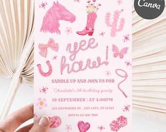 Retro Cowgirl Birthday Invite, Editable Pink Cowgirl Birthday Invitation Canva Template, Retro Western Disco Cowgirl Birthday Invite BP66
