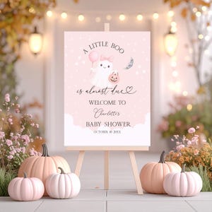 Op de afbeelding: Een roze en wit babyborrelbord op een houten ezel. De tekst luidt "A Little Boo is almost due" en "Welcome to Charlotte's Baby Shower October 10 20XX". Roze en perzik pompoenen sieren de voorkant.