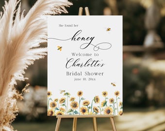 She Found Her Honey Bridal Shower Welcome Sign, Editable Honey Sunflower Bridal Shower Welcome Sign Canva Template, Bee Bridal Shower BP2