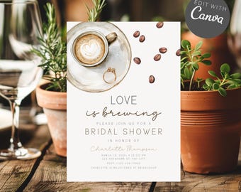 Coffee Bean Bridal Shower Invitation, Editable Love Is Brewing Bridal Shower Invitation Canva Template, Espresso Bridal Shower Invite BP10