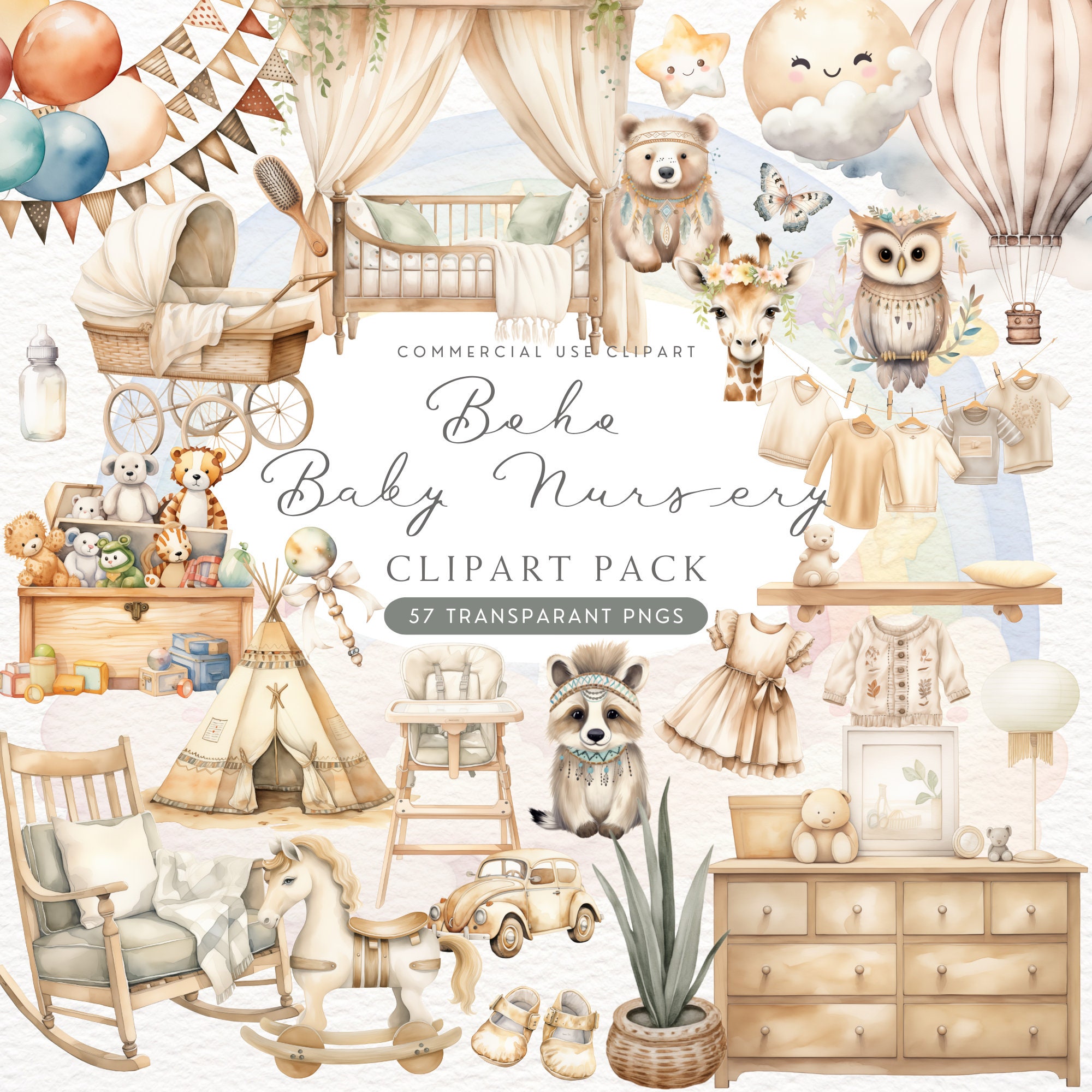 57 Watercolor Boho Baby Nursery Clipart, Boho Newborn Baby Shower PNG ...