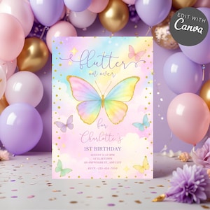 Op de afbeelding: Een pastelkleurige verjaardagsuitnodiging met een vlinderthema. De uitnodiging toont een grote, kleurrijke vlinder met gouden accenten en de tekst "flutters on over" en "for Charlotte's 1st Birthday". De achtergrond is een mix van roze, paars en geel.