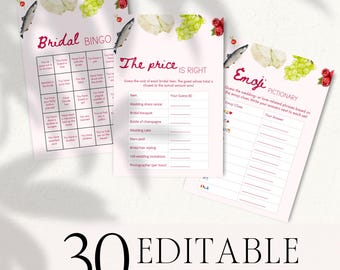May include: Three printable bridal shower games: Bingo, "The Price is Right," and Emoji Pictionary. The games feature a pink and white design with floral and fruit illustrations. The text "30 EDITABLE BRIDAL SHOWER GAMES" is at the bottom.
