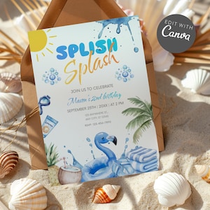 Op de afbeelding: Een uitnodiging met strandthema met de woorden "SPLISH SPLASH" in blauw en oranje. De uitnodiging bevat een aquarel illustratie van een flamingo-drijver, een zon en andere strandelementen. De tekst nodigt gasten uit om Mason's 2e verjaardag te vieren.