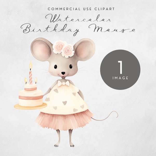 Cute Birthday Mouse Clipart PNG Watercolor, Party Animal Clipart, First Birthday Cute Baby Girl PNG, Birthday Cake Party Card Invitation PNG