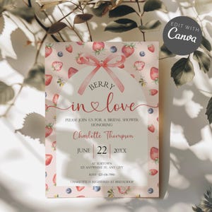 Invitation à une fête prénuptiale « Brother In Love », modèle d'invitation modifiable « Love Is Berry Sweet Strawberry », invitation à une fête prénuptiale d'été BP13