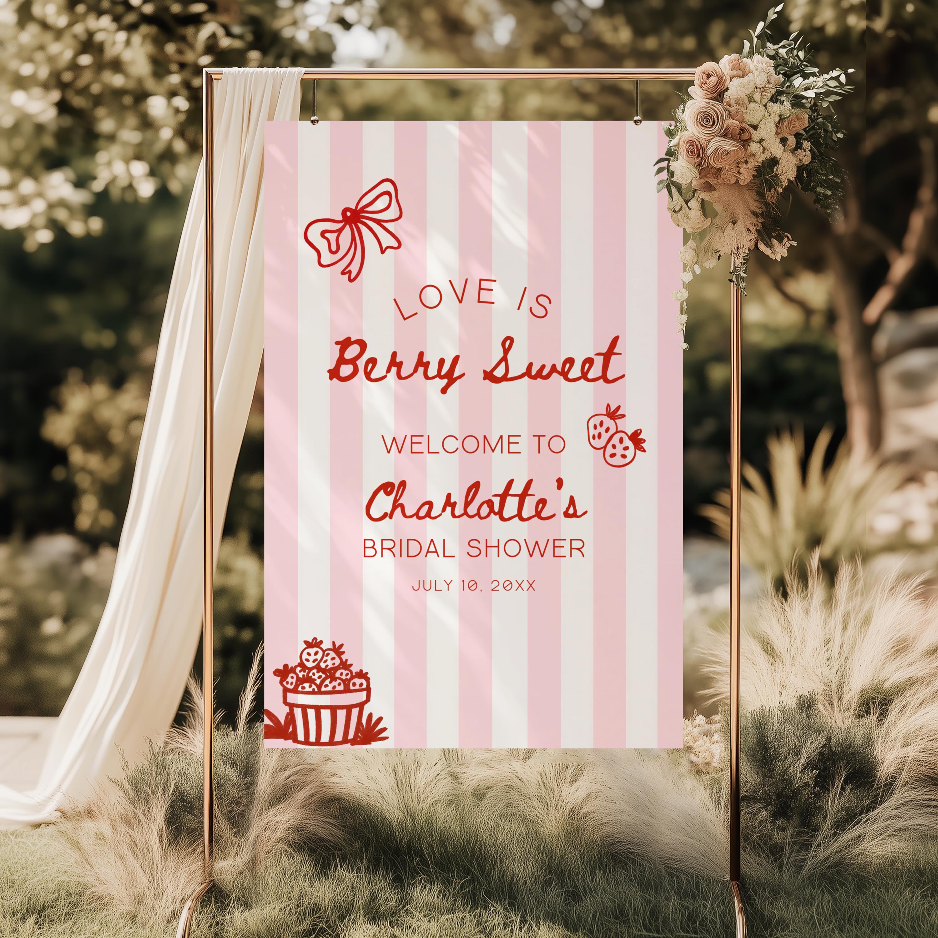 Strawberry Bridal Shower Welcome Sign, Editable Love Is Berry Sweet Bridal Shower Welcome Sign Canva Template, Strawberry Theme Party BP12