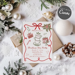 Op de afbeelding: Een uitnodiging voor een Christmas Tea Party met rode en groene illustraties van taarten, theekopjes en zuurstokken. De uitnodiging bevat de tekst "Please join us for a Christmas Tea Party" en evenementdetails. Het ontwerp is omgeven door decoraties.