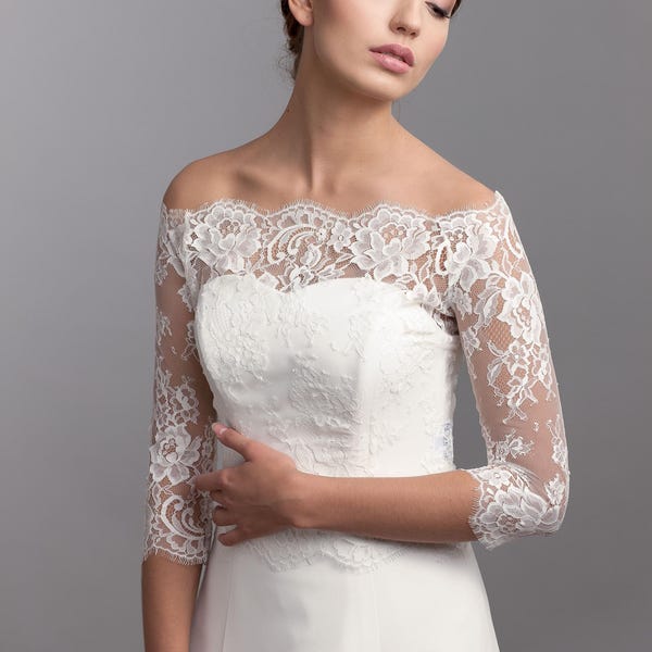 Hochzeits-Spitzenbolero, Off-Shoulder-Bolero, Hochzeitskleid-Spitzen-Topper, Spitzen-Hochzeitsbolero mit Off-Shoulder-Ausschnitt, Braut-Topper