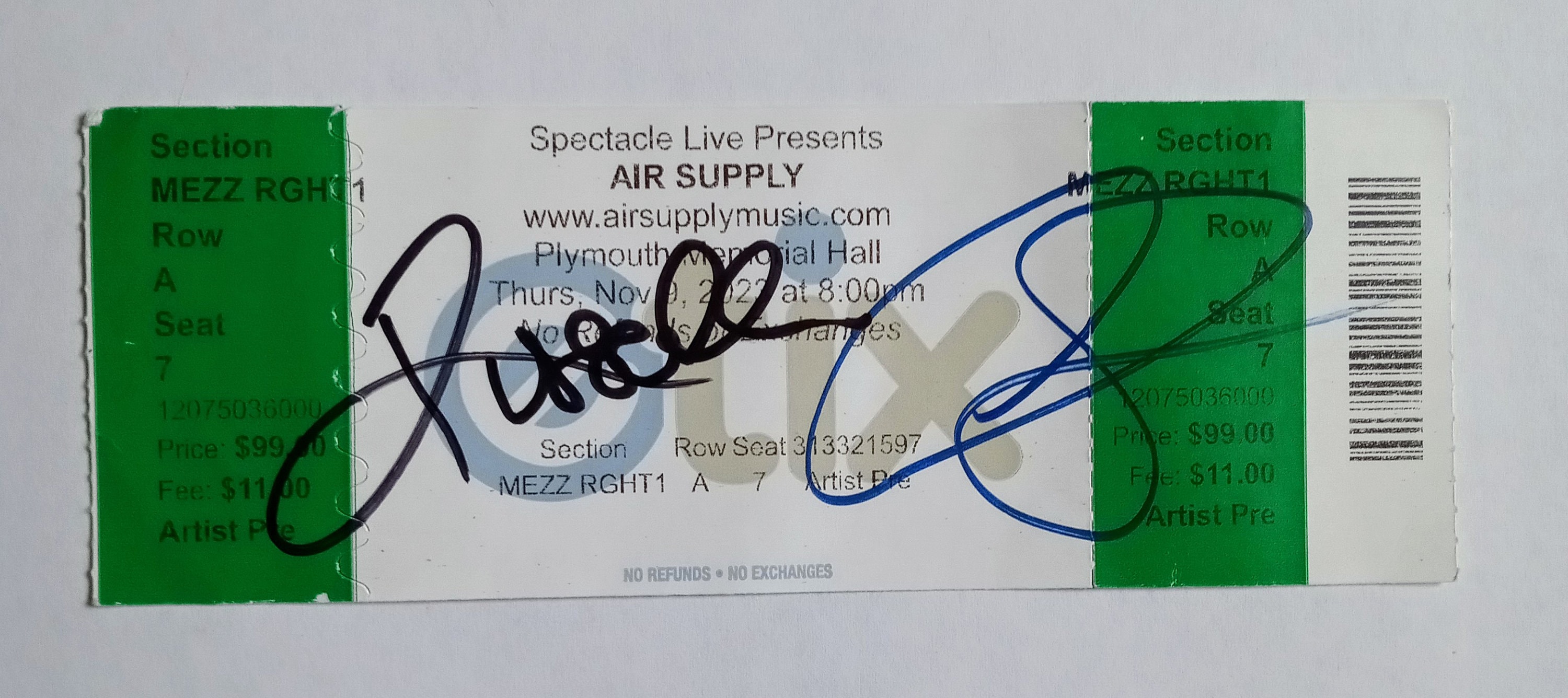 Air Supply Autographed Signed 2023 Concert Ticket - Russell Hitchcock & Graham Russell