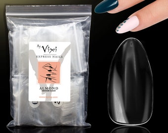 By Vixi 600 Medium Almond False Nails with Nail File | 10 Sizes | Full-Cover Clear Press-On Nails | Fake Finger-Nail Tip Extensions for MUA