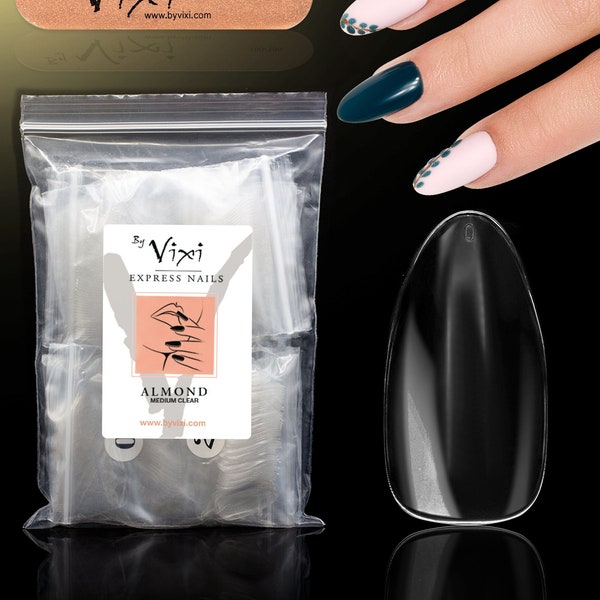 By Vixi 600 Medium Almond False Nails with Nail File | 10 Sizes | Full-Cover Clear Press-On Nails | Fake Finger-Nail Tip Extensions for MUA