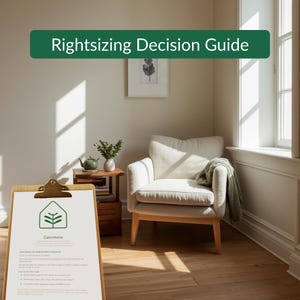 May include: A clipboard with the text "Calm Home" and a green logo of a house with leaves. The text "Rightsizing Decision Guide" is above the clipboard. The scene includes a white armchair, wooden side table, and a window.