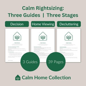 Puede incluir: Imagen promocional de la "Calm Home Collection" con tres guías para ordenar el hogar. La imagen muestra tres guías tituladas "Decision", "Home Viewing" y "Decluttering". Cada guía tiene un logotipo y texto. La imagen también incluye el texto "3 Guides" y "39 Pages".