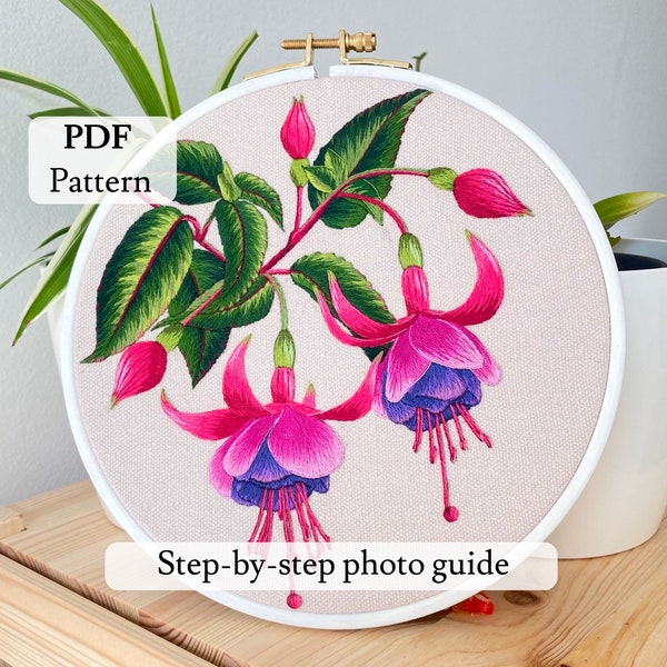 Patrón de bordado en PDF Fucsia, bordado de flores, bordado botánico, diseño floral, guía paso a paso (descarga en PDF)