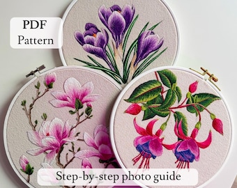 Set of 3 Flower Embroidery Patterns PDF,  Magnolia, Crocus & Fuchsia, Digital Embroidery Guide, Floral Wall Art Design