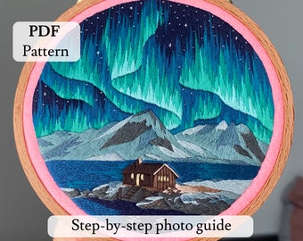 PDF embroidery  pattern northern lights , embroidered landscape, embroidery art, wall decor, digital download, step-by-step guide