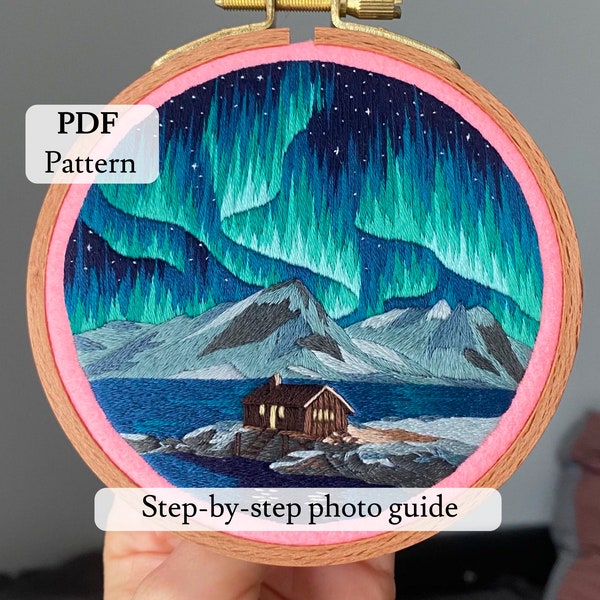 PDF embroidery  pattern northern lights , embroidered landscape, embroidery art, wall decor, digital download, step-by-step guide