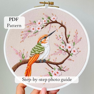 PDF 刺繍パターン 鳥、刺繍 桜、花の刺繍、刺繍された花、デジタル ダウンロード、鳥の刺繍