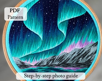 PDF embroidery northern lights pattern, embroidered landscape, embroidery art, wall decor, digital download, step-by-step guide