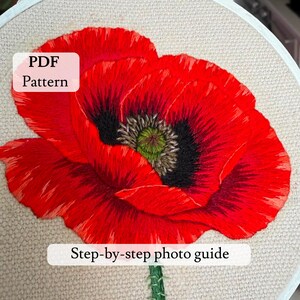 Patrón de bordado en PDF de flor de amapola, bordado de amapola, bordado botánico, diseño floral, guía paso a paso (descarga en PDF)