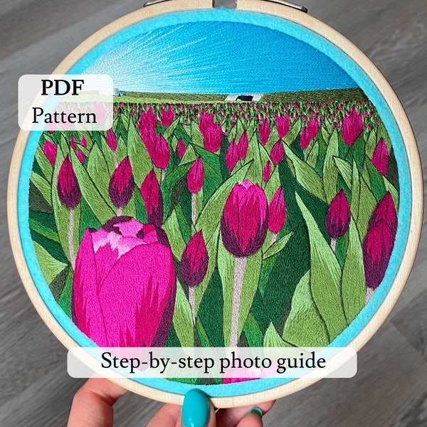 PDF embroidery tulips pattern, embroidered landscape, embroidery art, embroidered tulips, wall decor, digital download, step-by-step guide