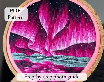 オーロラの手刺繍パターン | PDF DMCカラーを使用したモダンな風景画