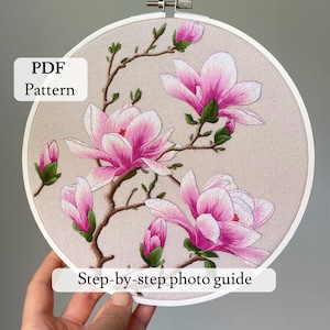 PDF embroidery pattern Magnolia, embroidered Magnolia, flower embroidery, embroidered flower, digital download, step-by-step guide